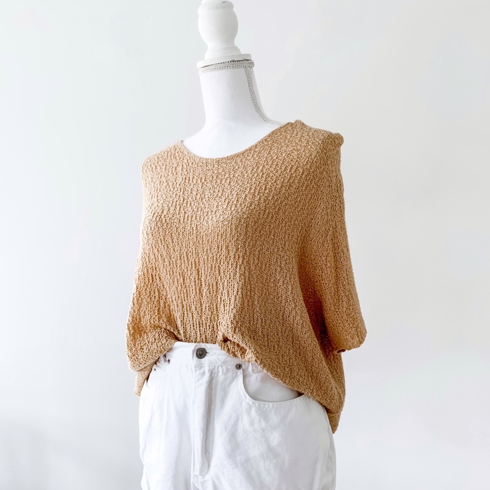 vintage lose knit short sleeve tan top